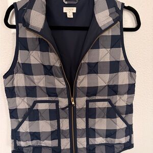 J. Crew Navy and Gray Plaid Quilted Vest with Gold Zipper